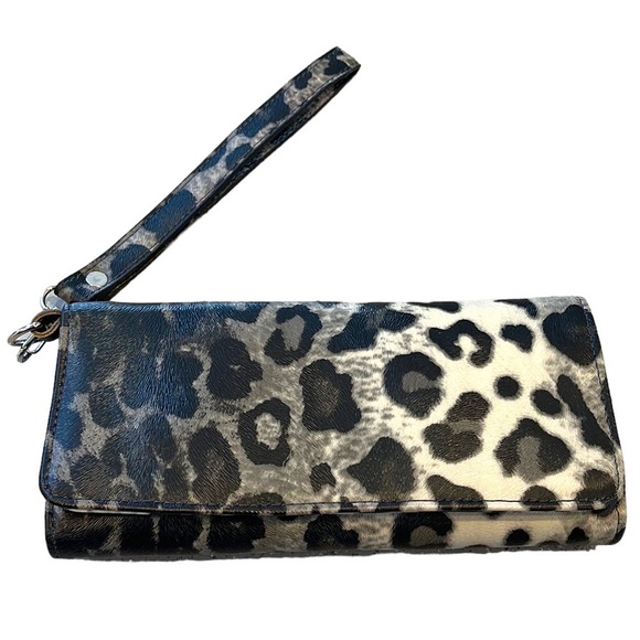 None Handbags - LEOPARD PRINT TRI FOLD WALLET CLUTCH BLACK CREAM